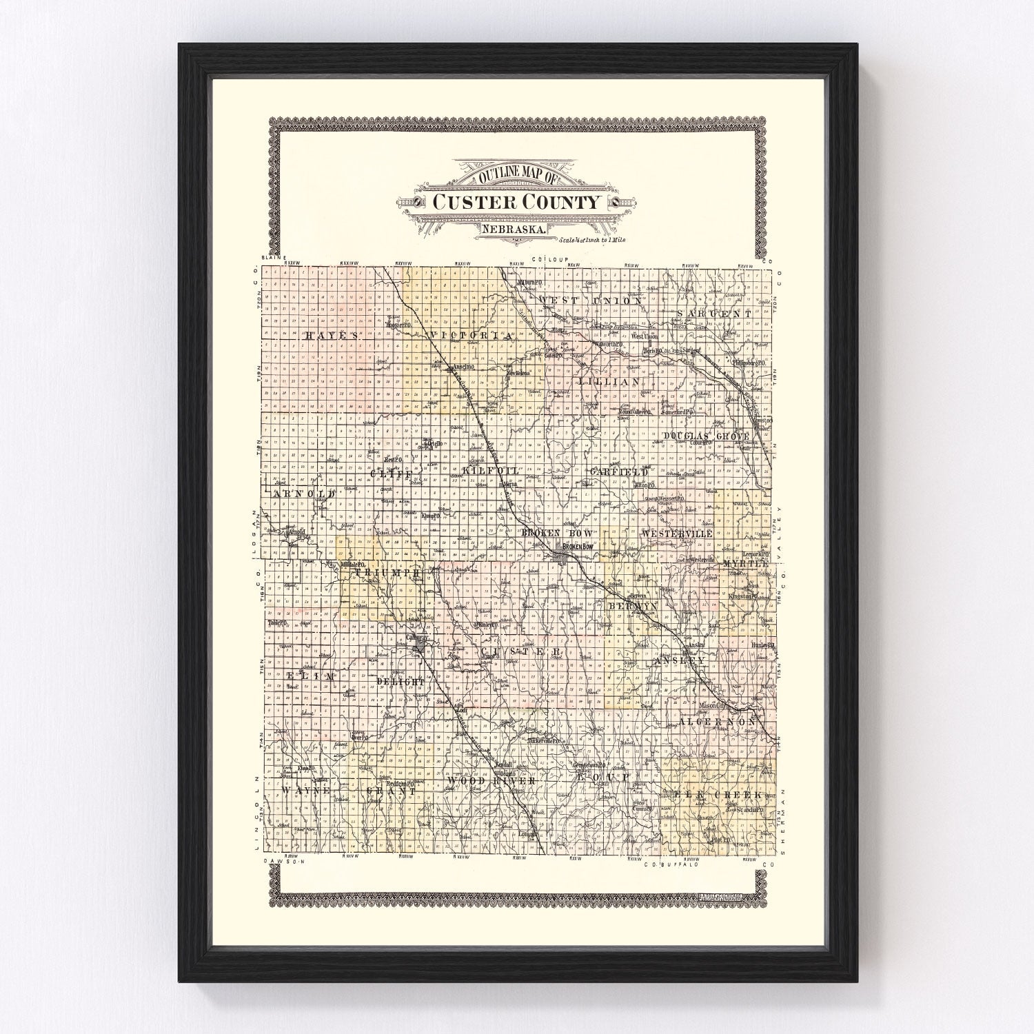Vintage restored map of Custer County, Nebraska, 1904, sandhills homestead cartography