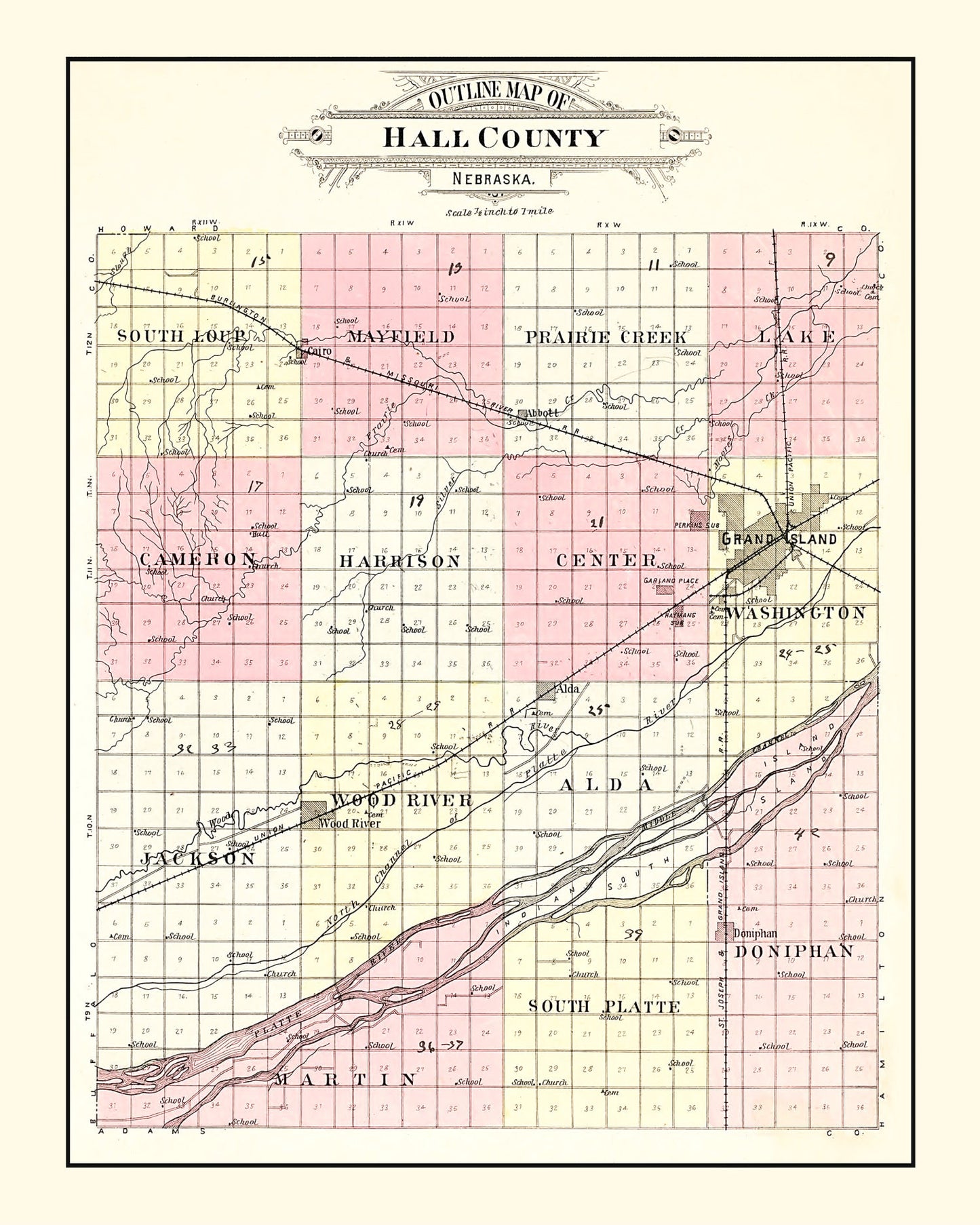 Vintage Map of Hall County, Nebraska, 1904