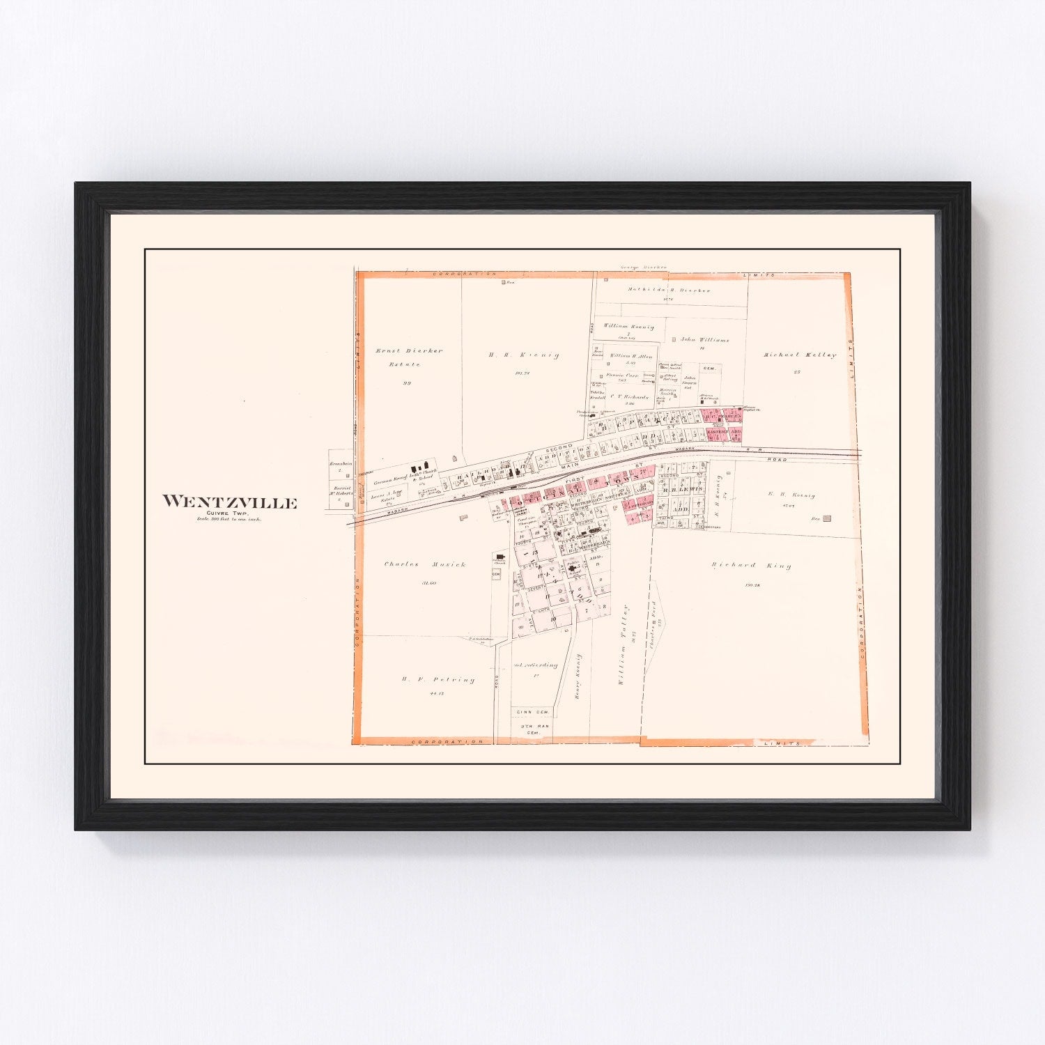 Vintage map of Wentzville, Missouri, 1905, St. Charles County railroad town
