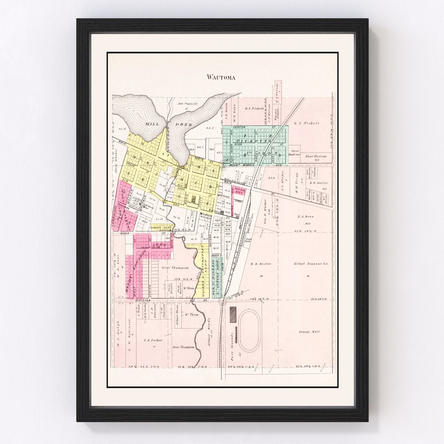 Vintage map of Wautoma, Wisconsin, 1906, Waushara County lakes and farmland
