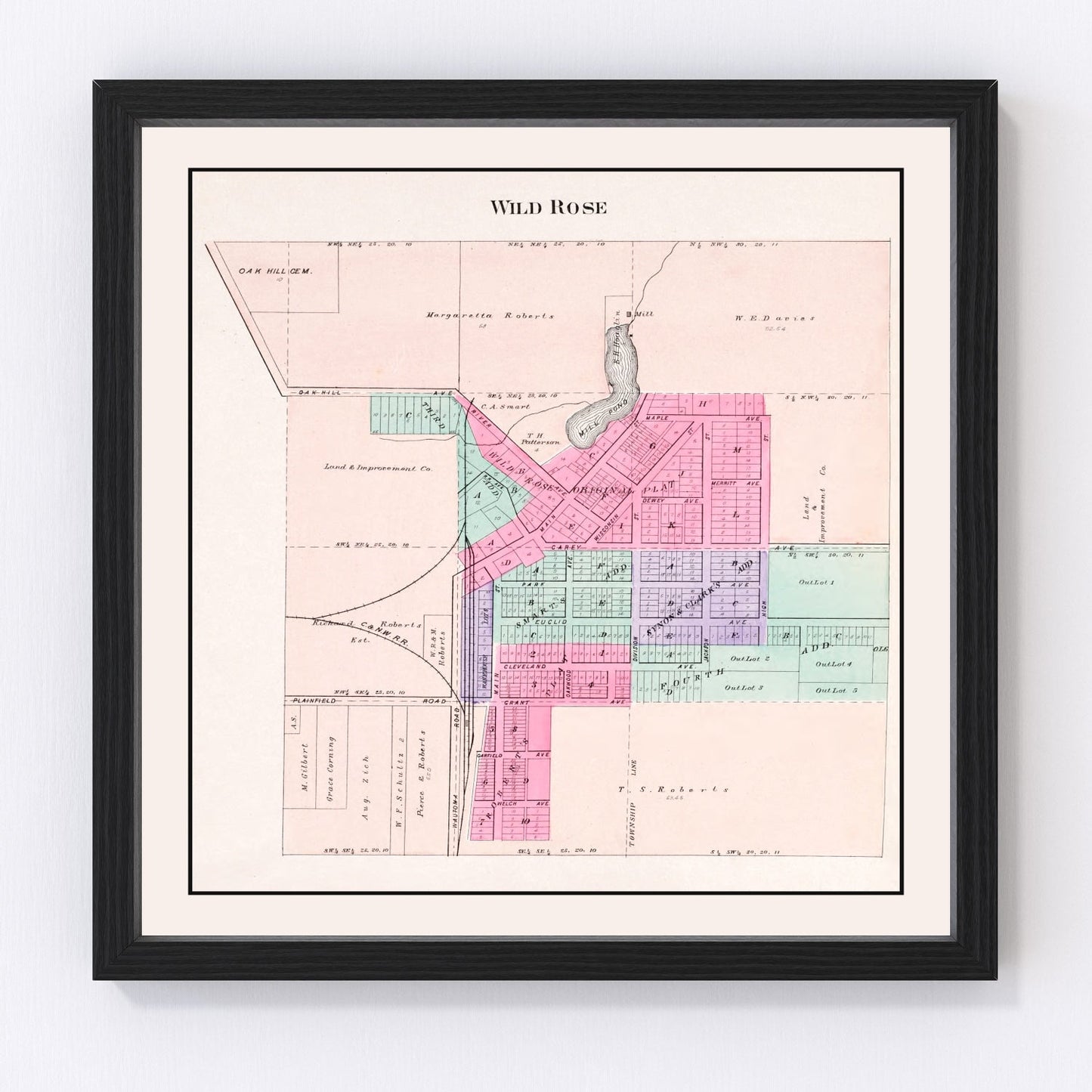 Vintage map of Wild Rose, Wisconsin, 1906, small town and Waushara County lakes