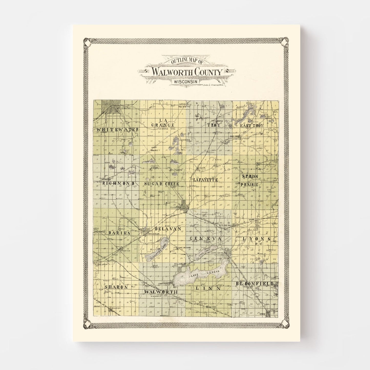 Vintage Map of Walworth County, Wisconsin, 1907
