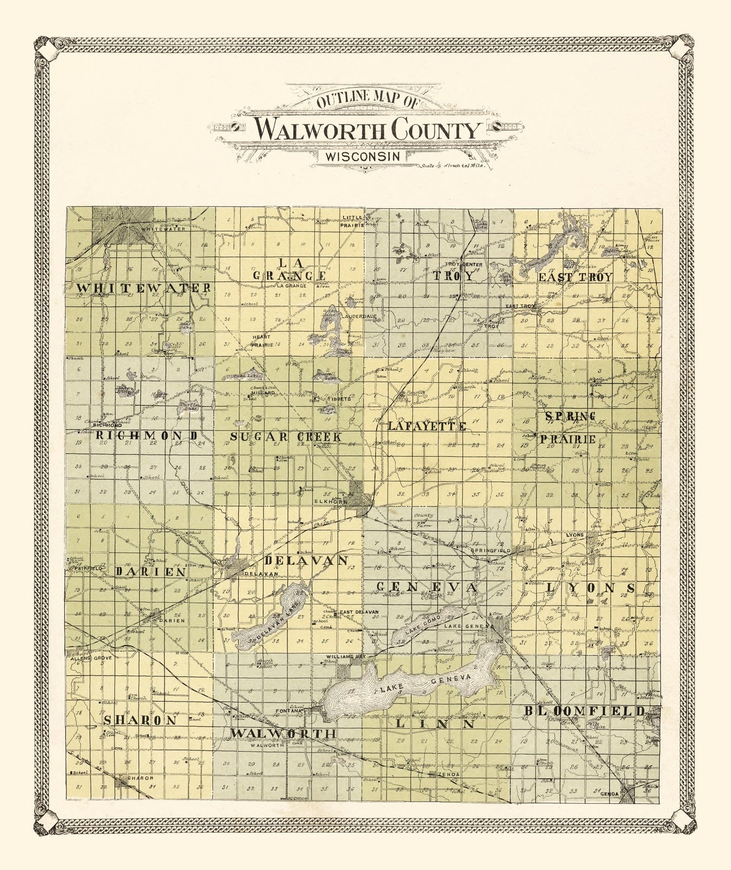Vintage Map of Walworth County, Wisconsin, 1907