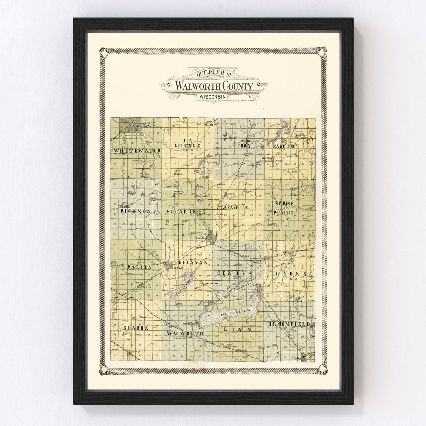 Vintage map of Walworth County, Wisconsin, 1907, with Lake Geneva and Delavan