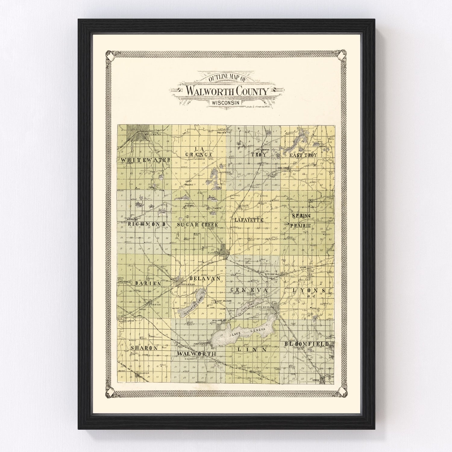 Vintage map of Walworth County, Wisconsin, 1907, with Lake Geneva and Delavan
