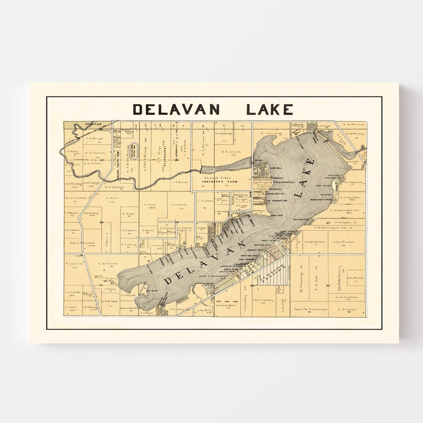 Vintage Map of Delavan Lake, Wisconsin, 1907