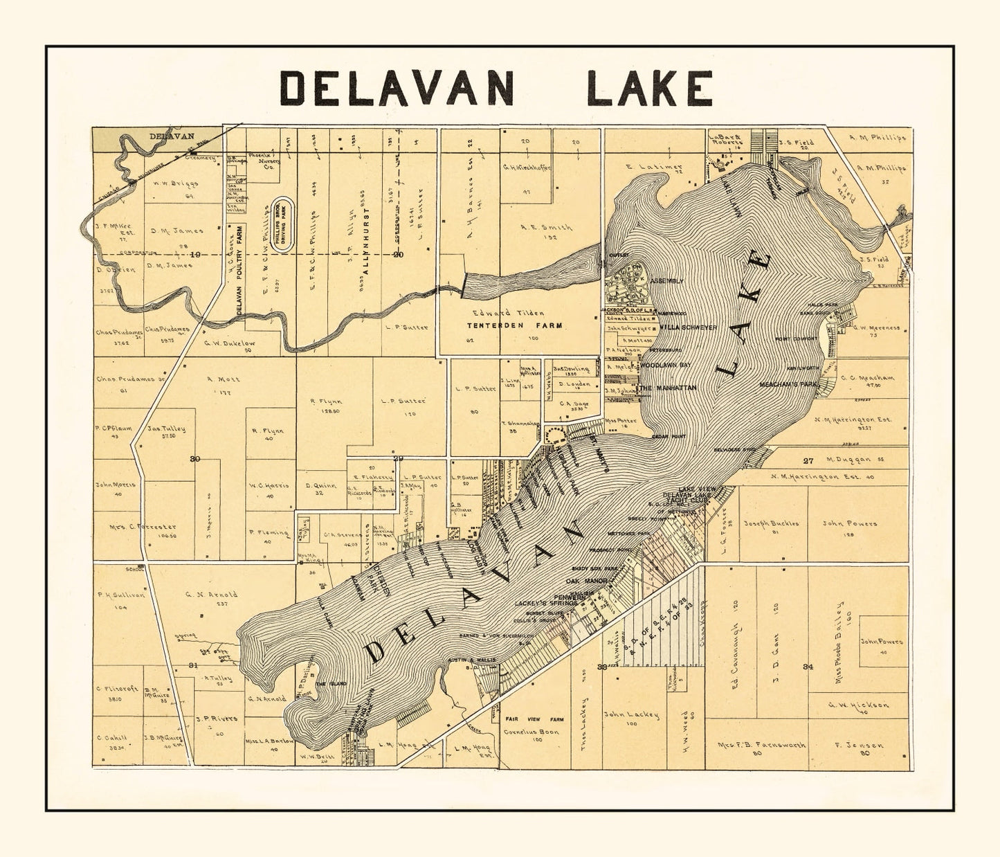 Vintage Map of Delavan Lake, Wisconsin, 1907