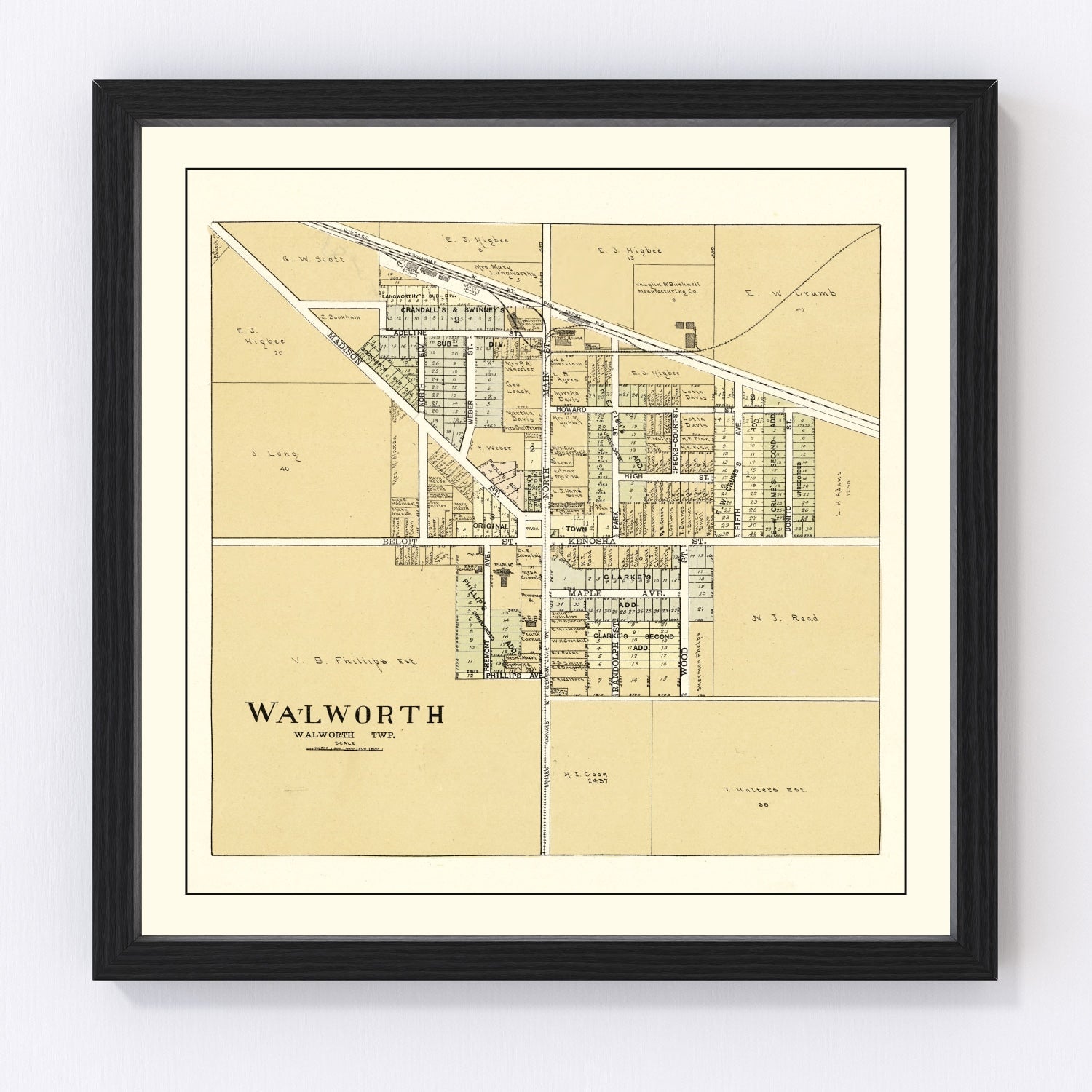 Vintage map of Walworth, Wisconsin, 1907, digitally restored