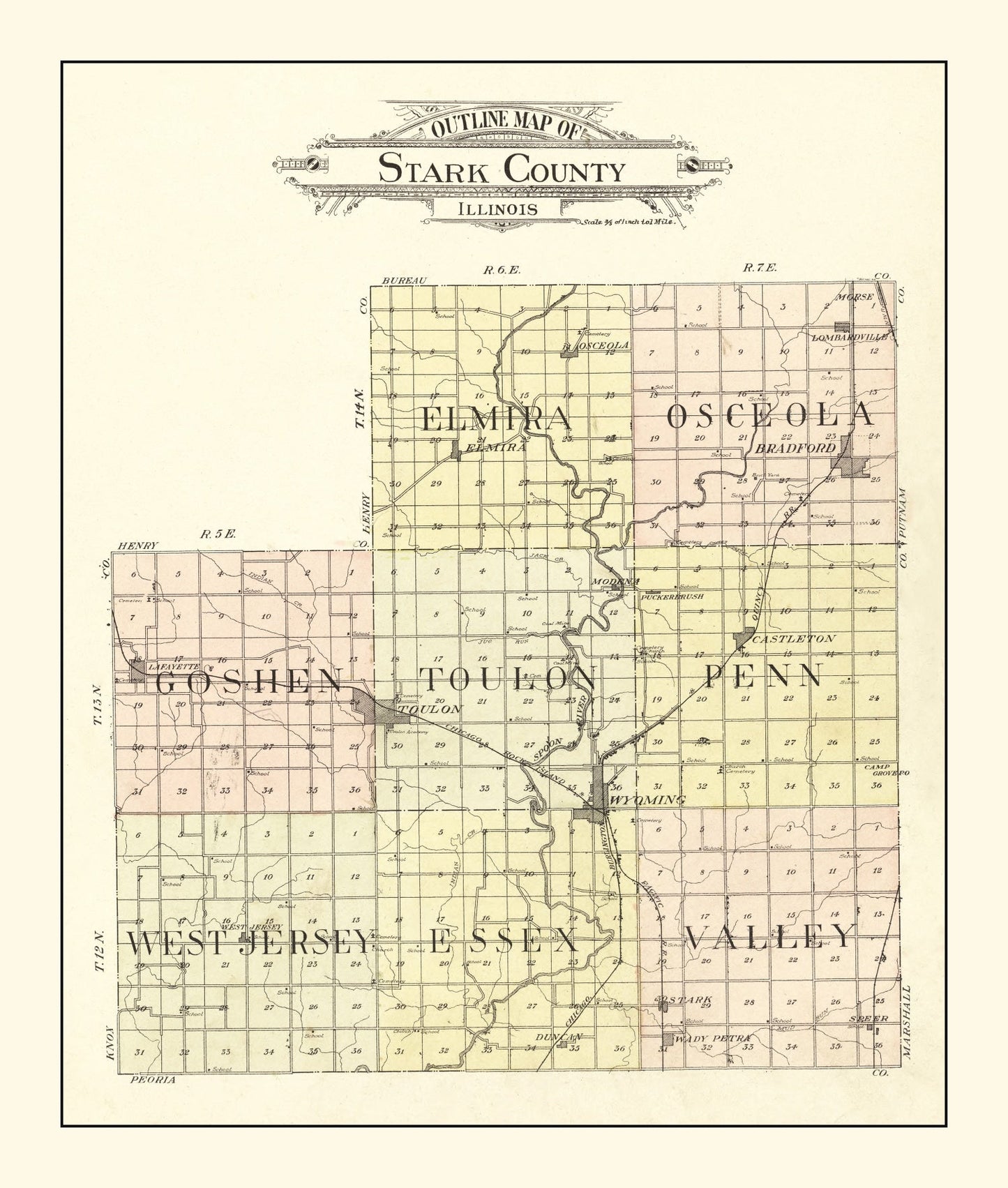 Vintage Map of Stark County, Illinois, 1907