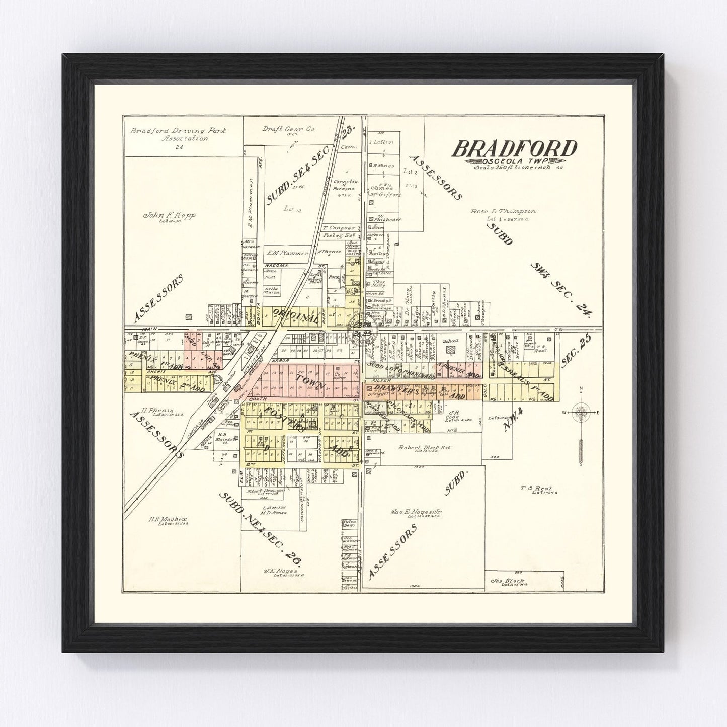 vintage map of Bradford Illinois, 1907, restored print wall art