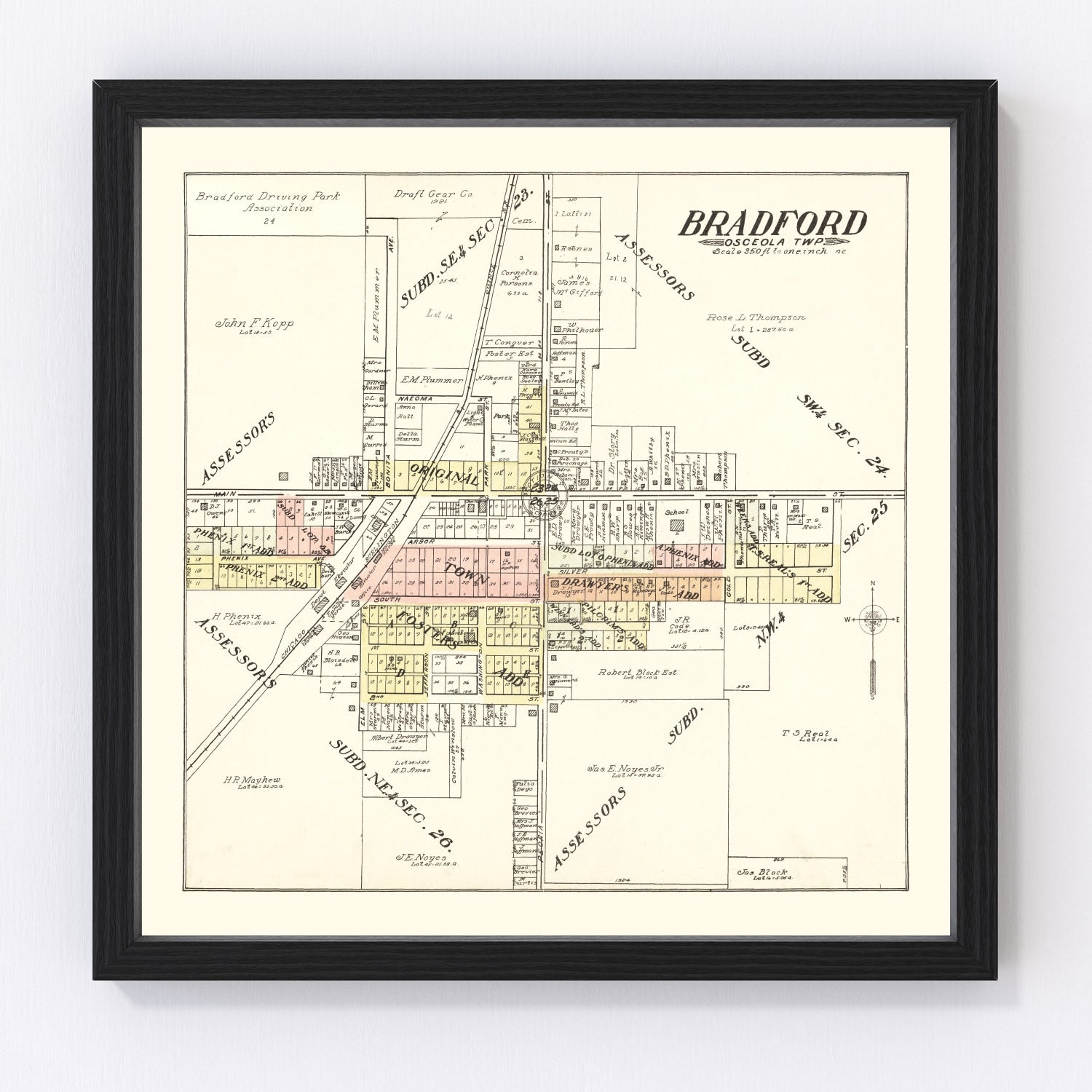 vintage map of Bradford Illinois, 1907, restored print wall art