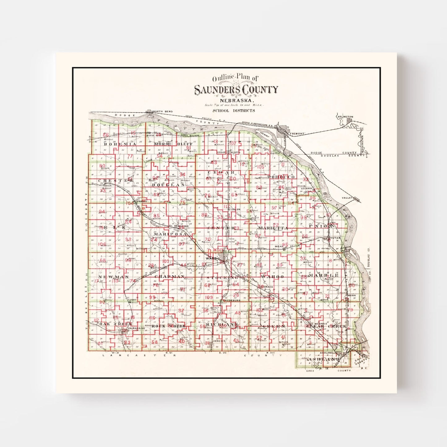 Vintage Map of Saunders County, Nebraska, 1907