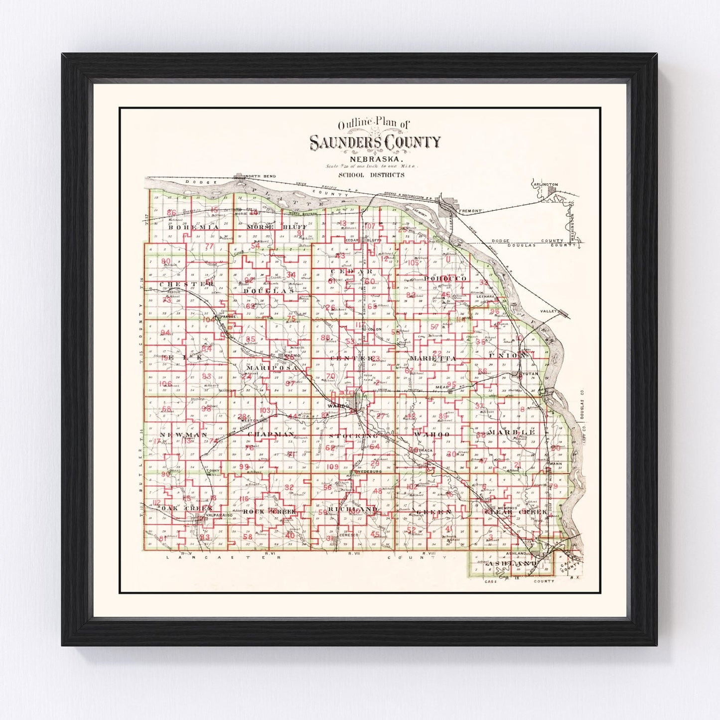 vintage map of Saunders County, Nebraska, 1907