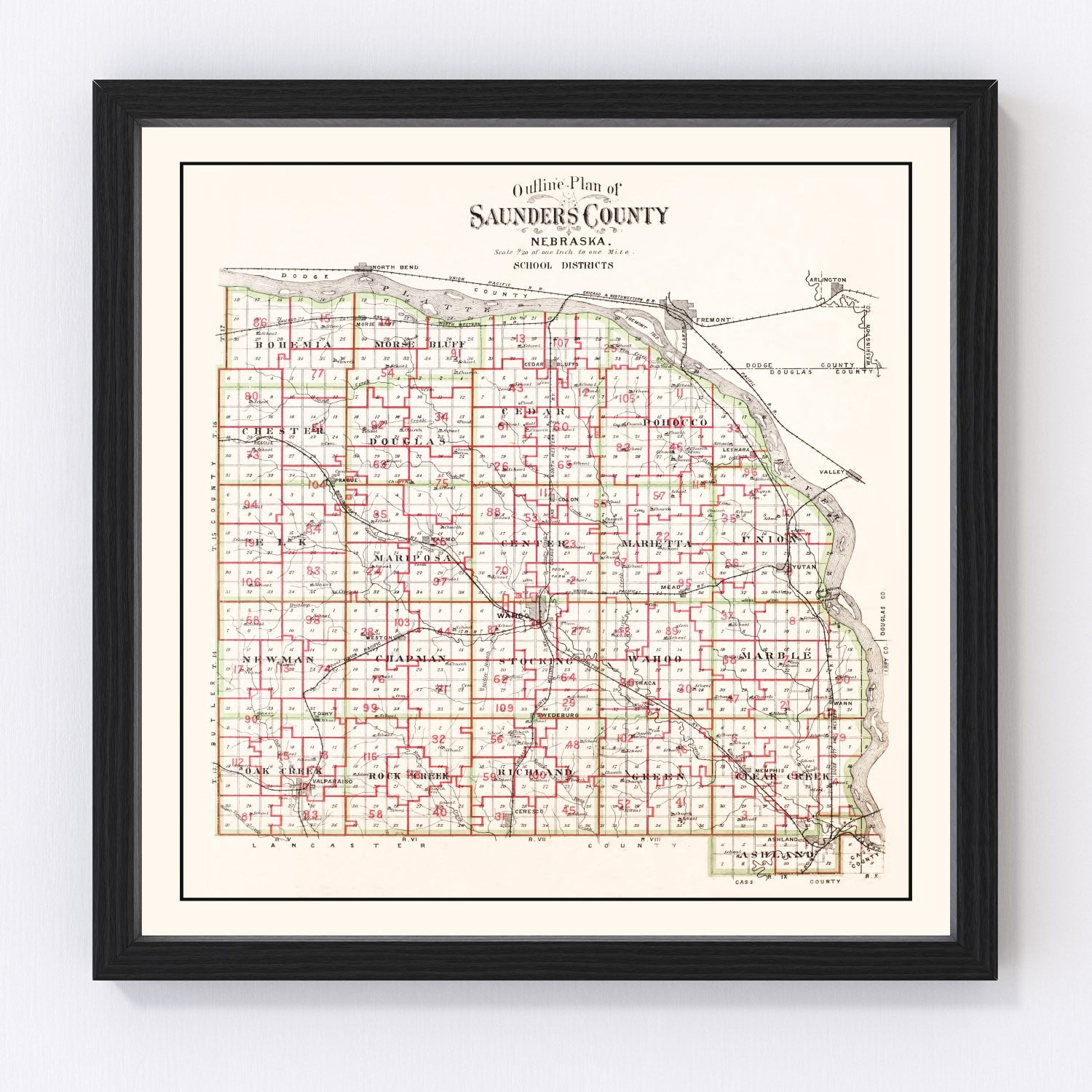 vintage map of Saunders County, Nebraska, 1907