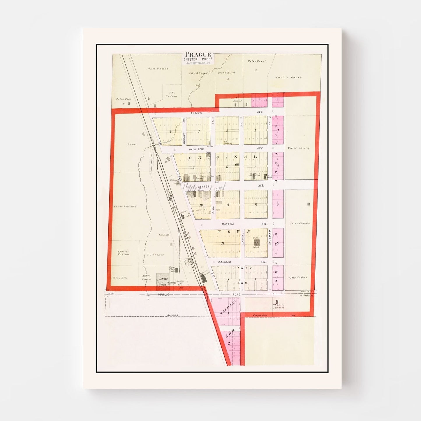 Vintage Map of Prague, Nebraska, 1907