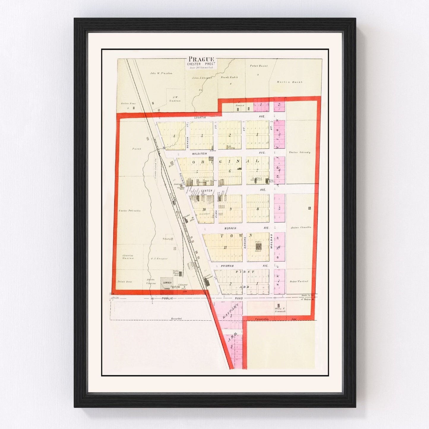 vintage map of Prague, Nebraska, 1907