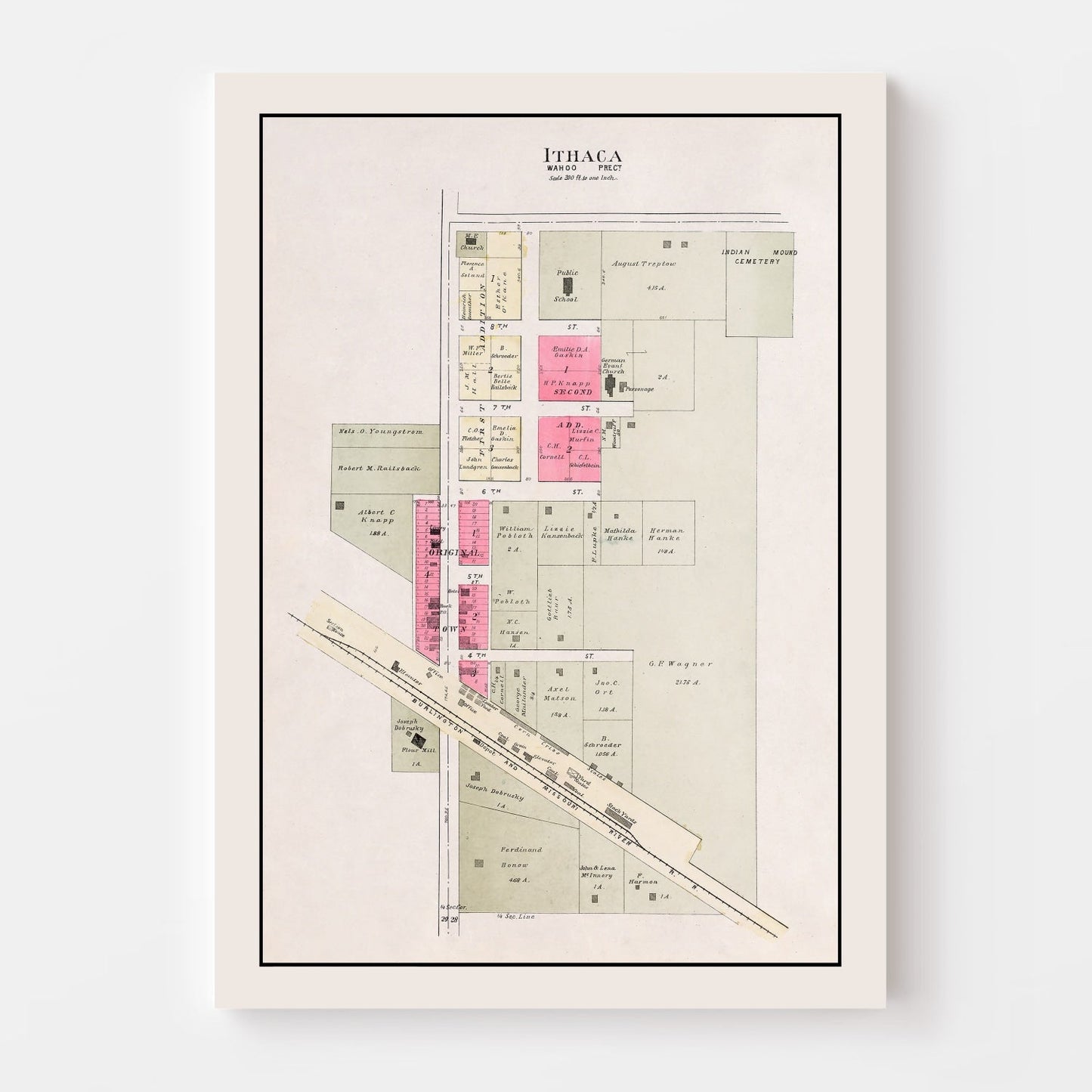 Vintage Map of Ithaca, Saunders County, Nebraska, 1907