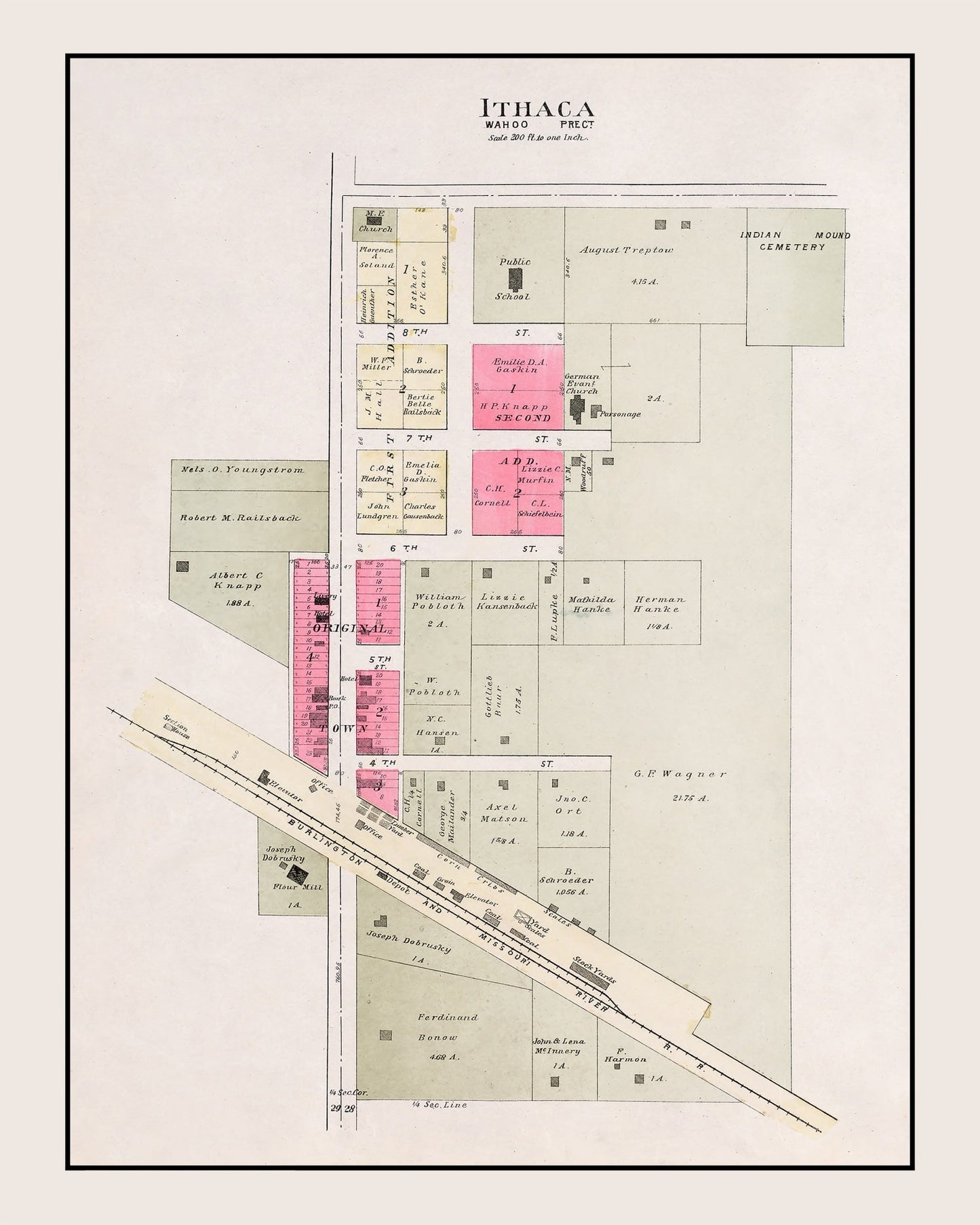 Vintage Map of Ithaca, Saunders County, Nebraska, 1907