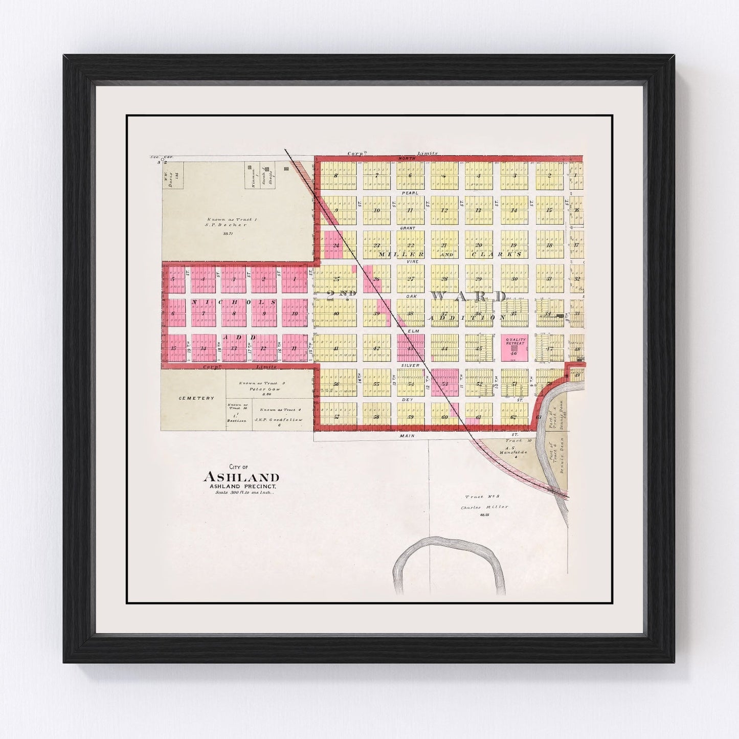 Vintage town survey map of Ashland, Nebraska, 1907