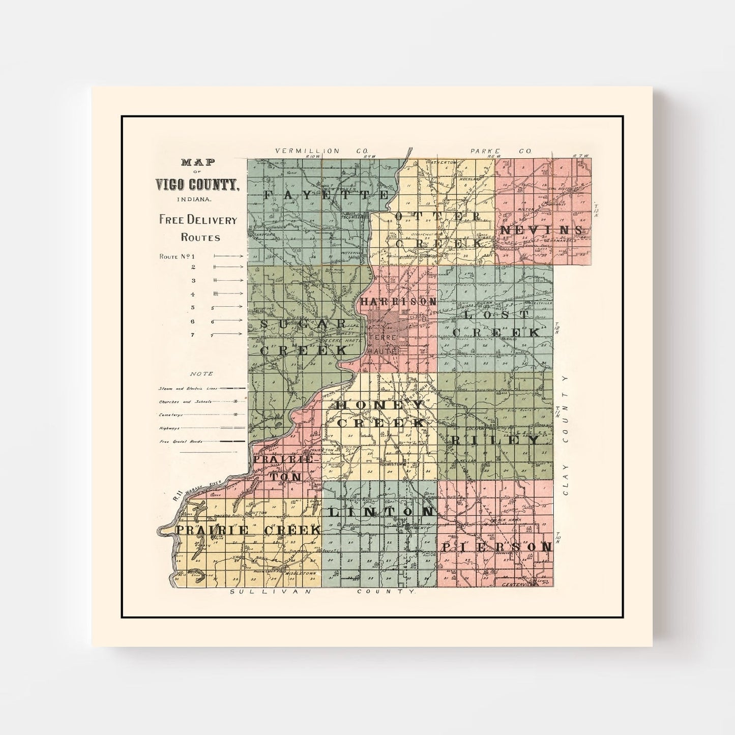 Vintage Map of Vigo County, Indiana, 1907