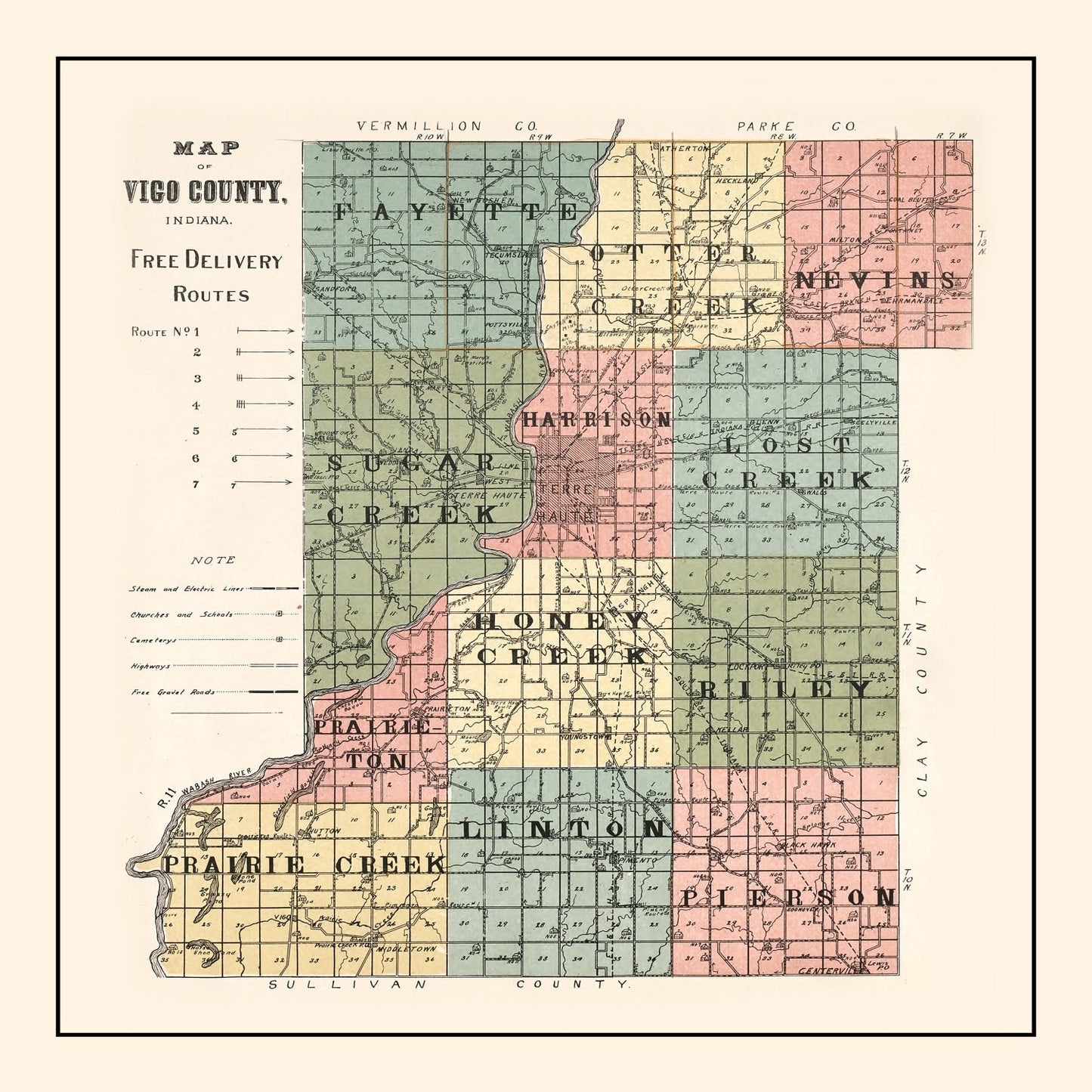 Vintage Map of Vigo County, Indiana, 1907