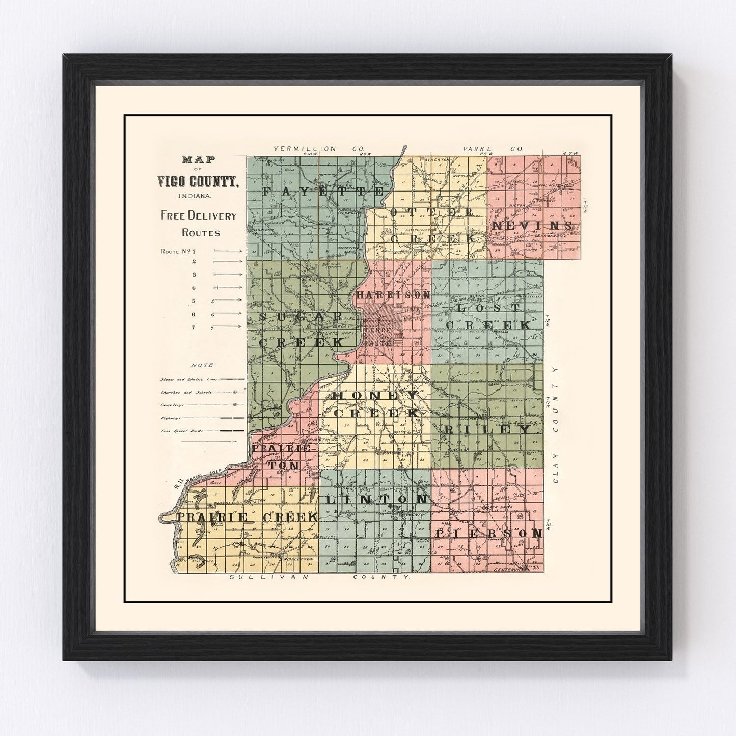 vintage map of Vigo County, Indiana, 1907