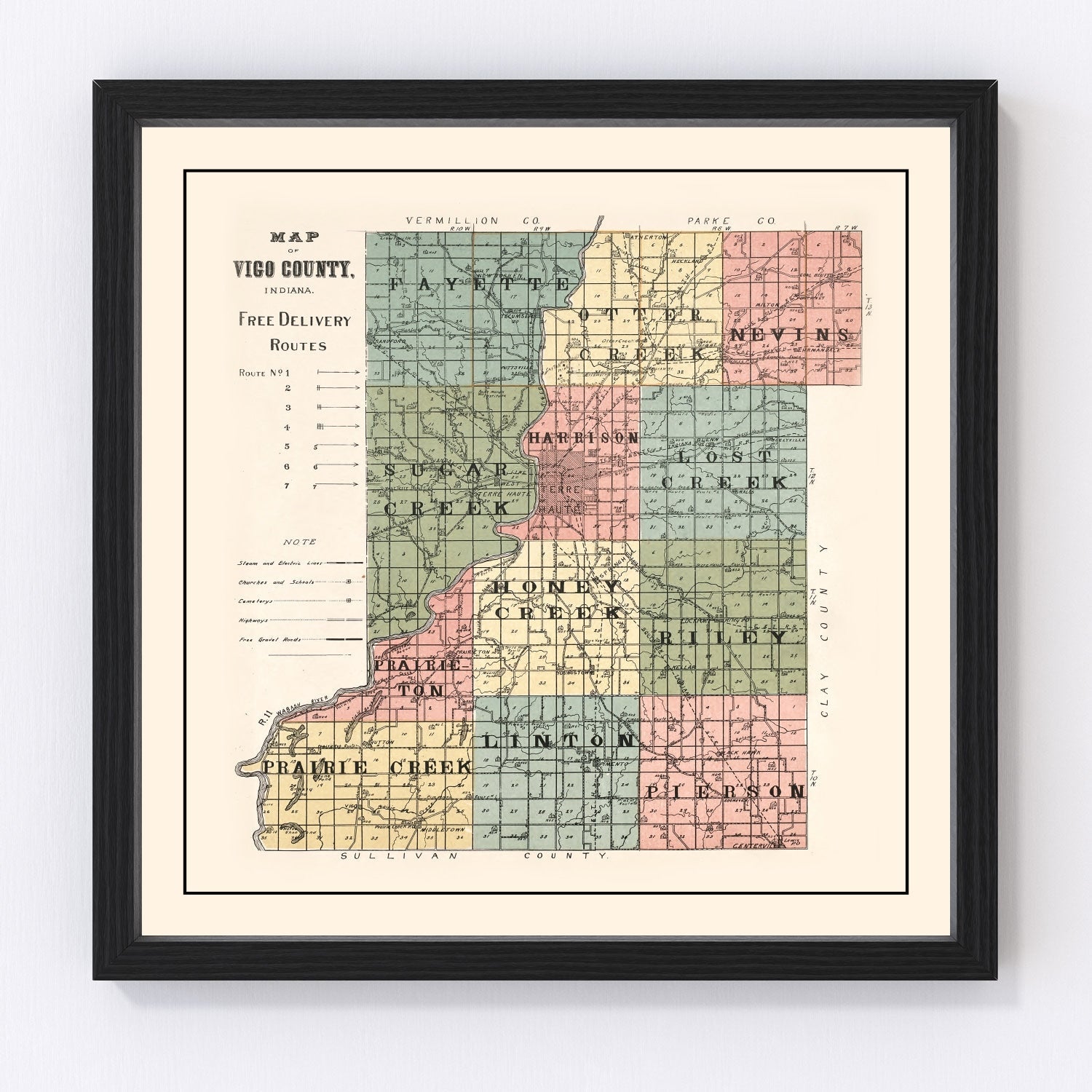 vintage map of Vigo County, Indiana, 1907