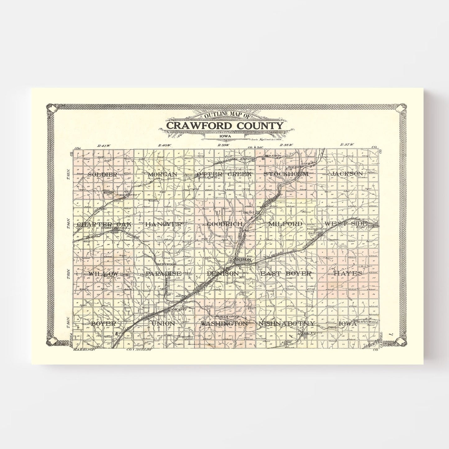 Vintage Map of Crawford County, Iowa 1908