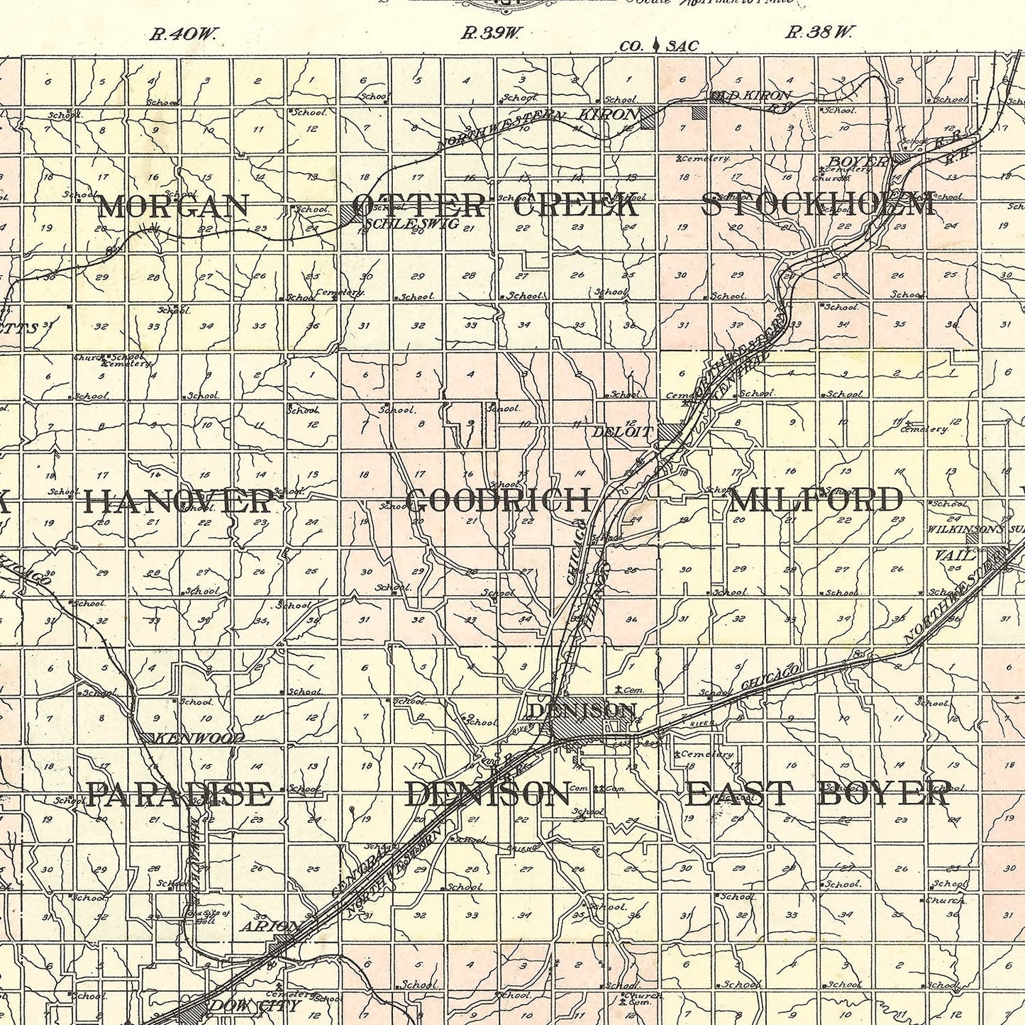 Vintage Map of Crawford County, Iowa 1908