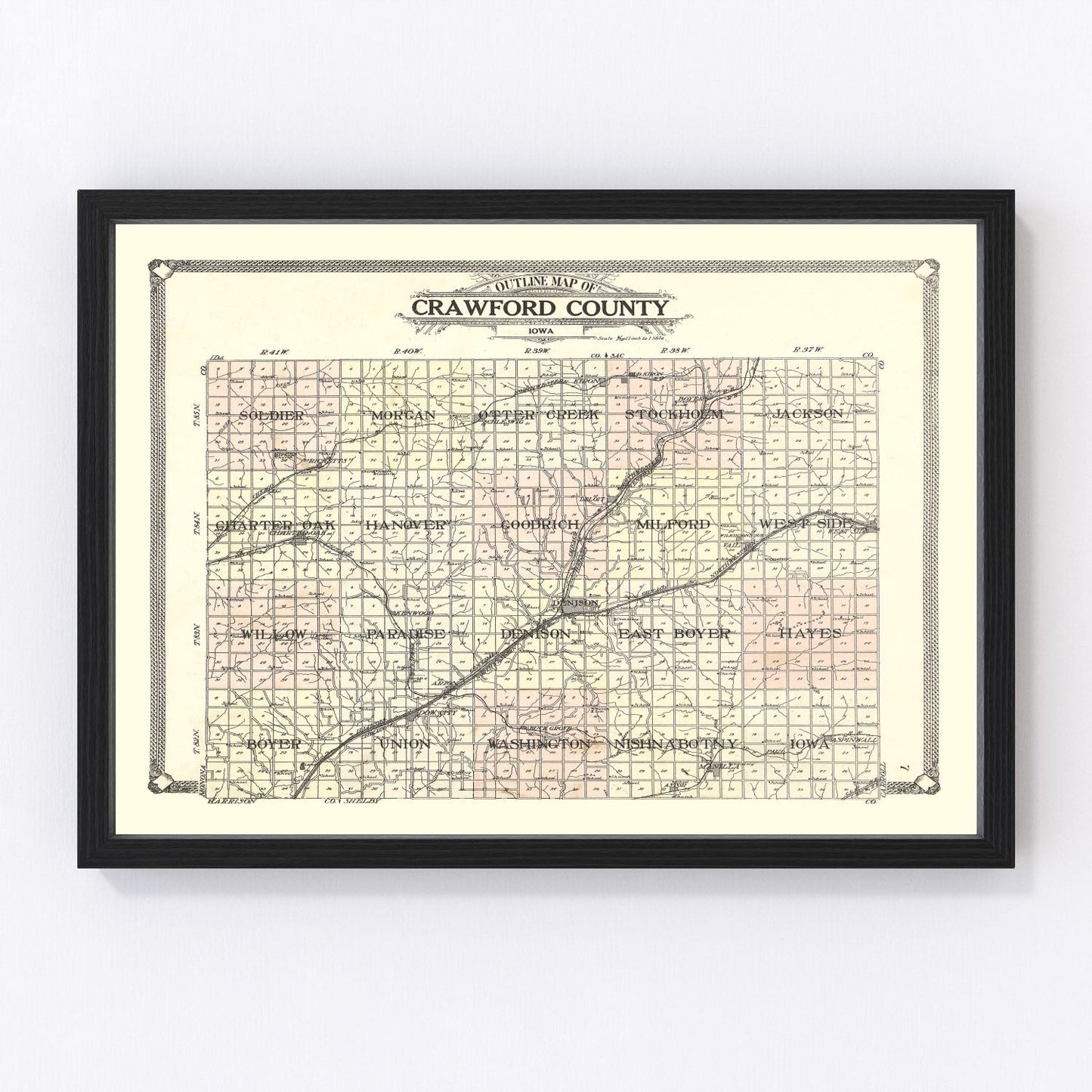 Vintage restored map of Crawford County, Iowa, 1908, Edwardian-era township cartography