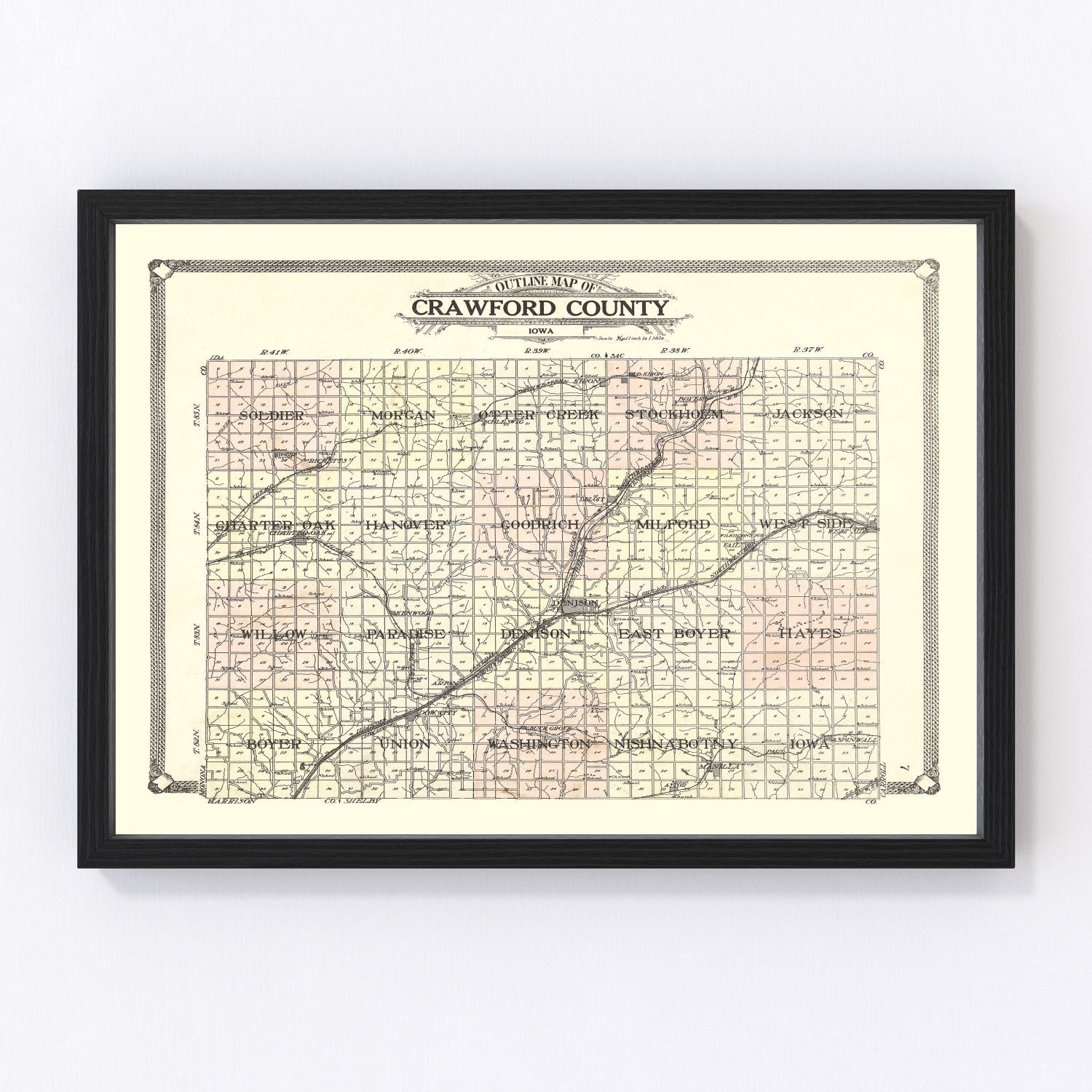 Vintage restored map of Crawford County, Iowa, 1908, Edwardian-era township cartography