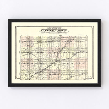 Vintage restored map of Crawford County, Iowa, 1908, Edwardian-era township cartography