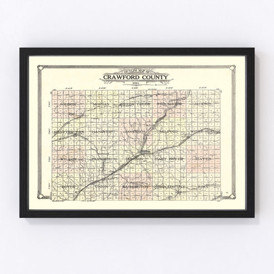 Vintage restored map of Crawford County, Iowa, 1908, Edwardian-era township cartography
