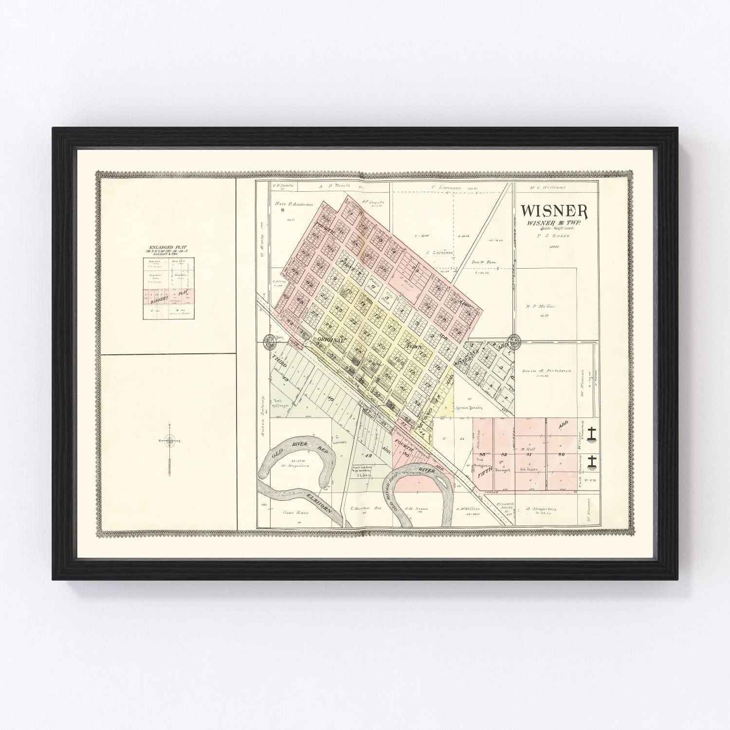 Vintage map of Wisner, Nebraska, 1908, Cuming County restored