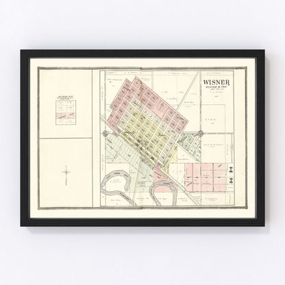 Vintage map of Wisner, Nebraska, 1908, Cuming County restored