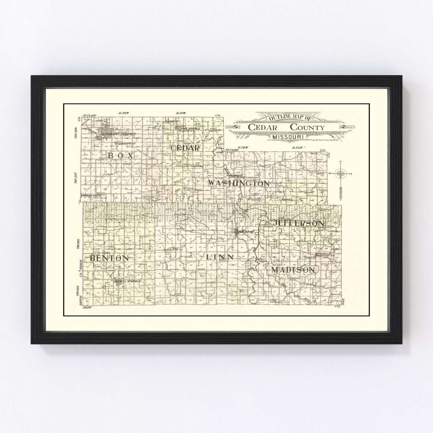 Vintage map of Cedar County, Missouri, 1908, restored vintage wall art print