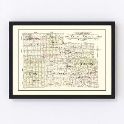 Vintage map of Cedar County, Missouri, 1908, restored vintage wall art print