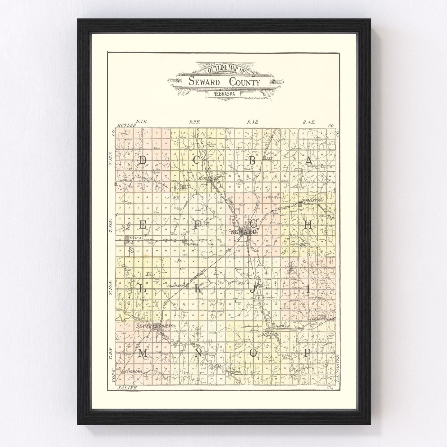 vintage map of Seward County, Nebraska, 1908