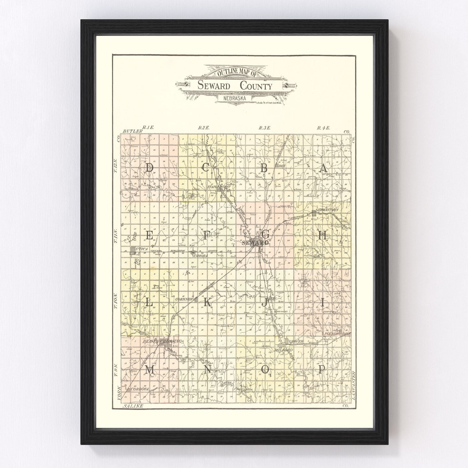 vintage map of Seward County, Nebraska, 1908