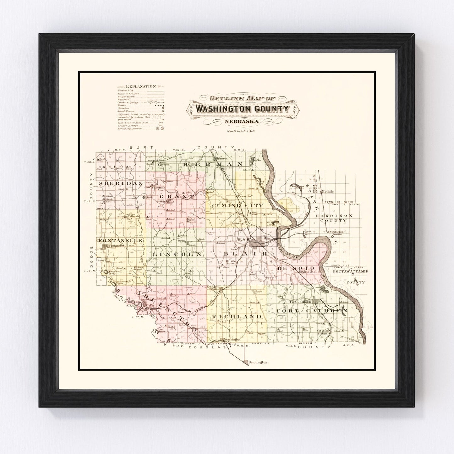 Vintage map of Washington County, Nebraska, 1908, showing townships and farmland