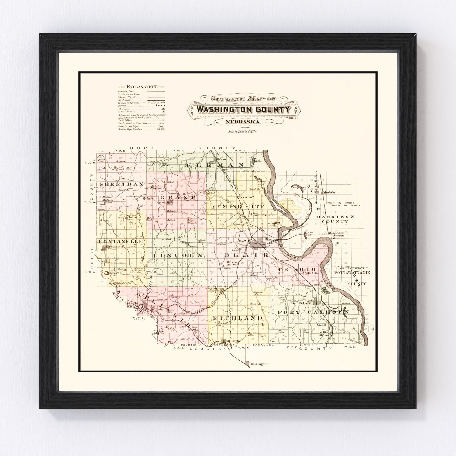 Vintage map of Washington County, Nebraska, 1908, showing townships and farmland