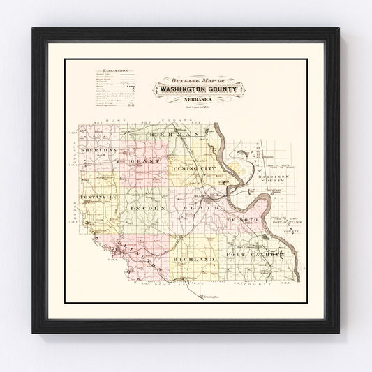 Vintage map of Washington County, Nebraska, 1908, showing townships and farmland