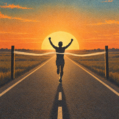 Close-up of the artwork: a runner with arms raised at the finish tape against the rising sun, in retro poster grain