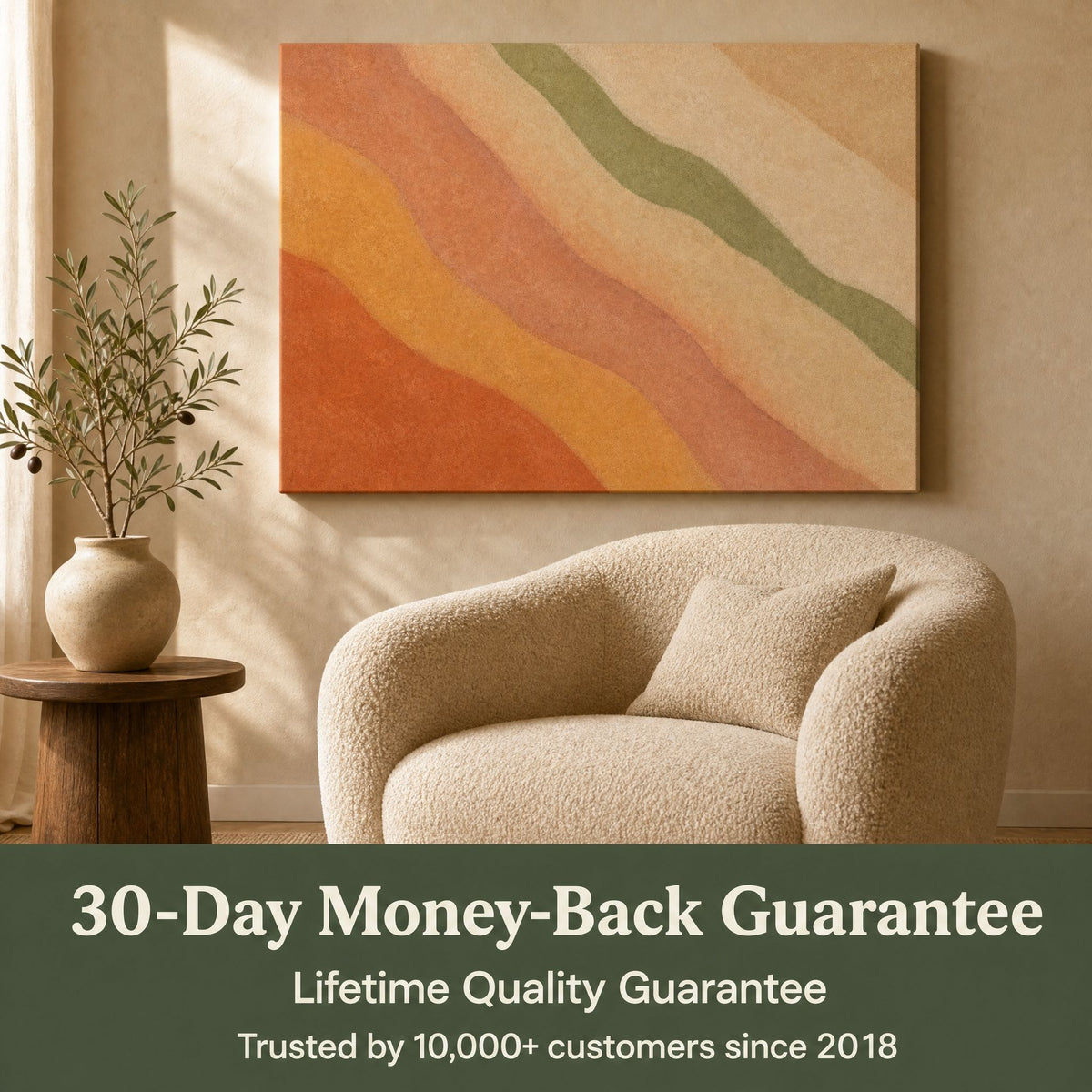 Canvas above a boucle armchair with text: 30-Day Money-Back Guarantee, Lifetime Quality Guarantee