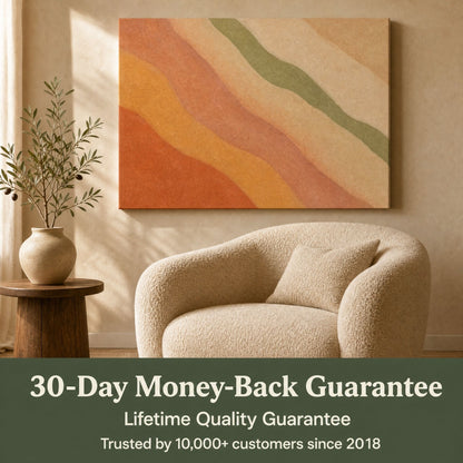 Canvas above a boucle armchair with text: 30-Day Money-Back Guarantee, Lifetime Quality Guarantee