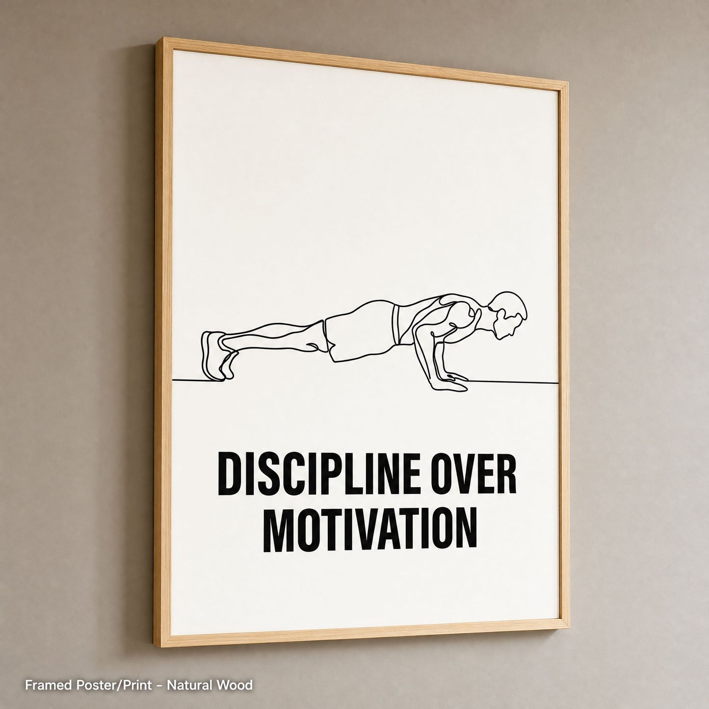 Natural wood frame option shown at an angle, the push-up line art print against a soft grey wall