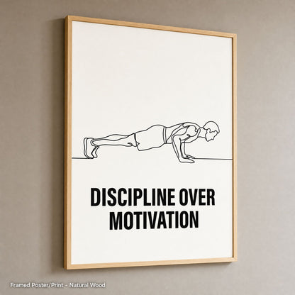 Natural wood frame option shown at an angle, the push-up line art print against a soft grey wall
