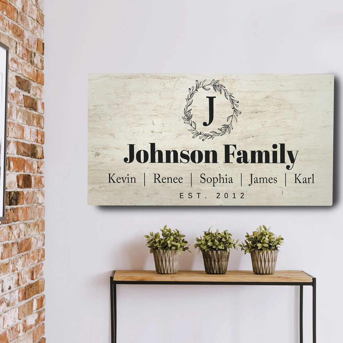 White family name canvas wall art in a bright modern room
