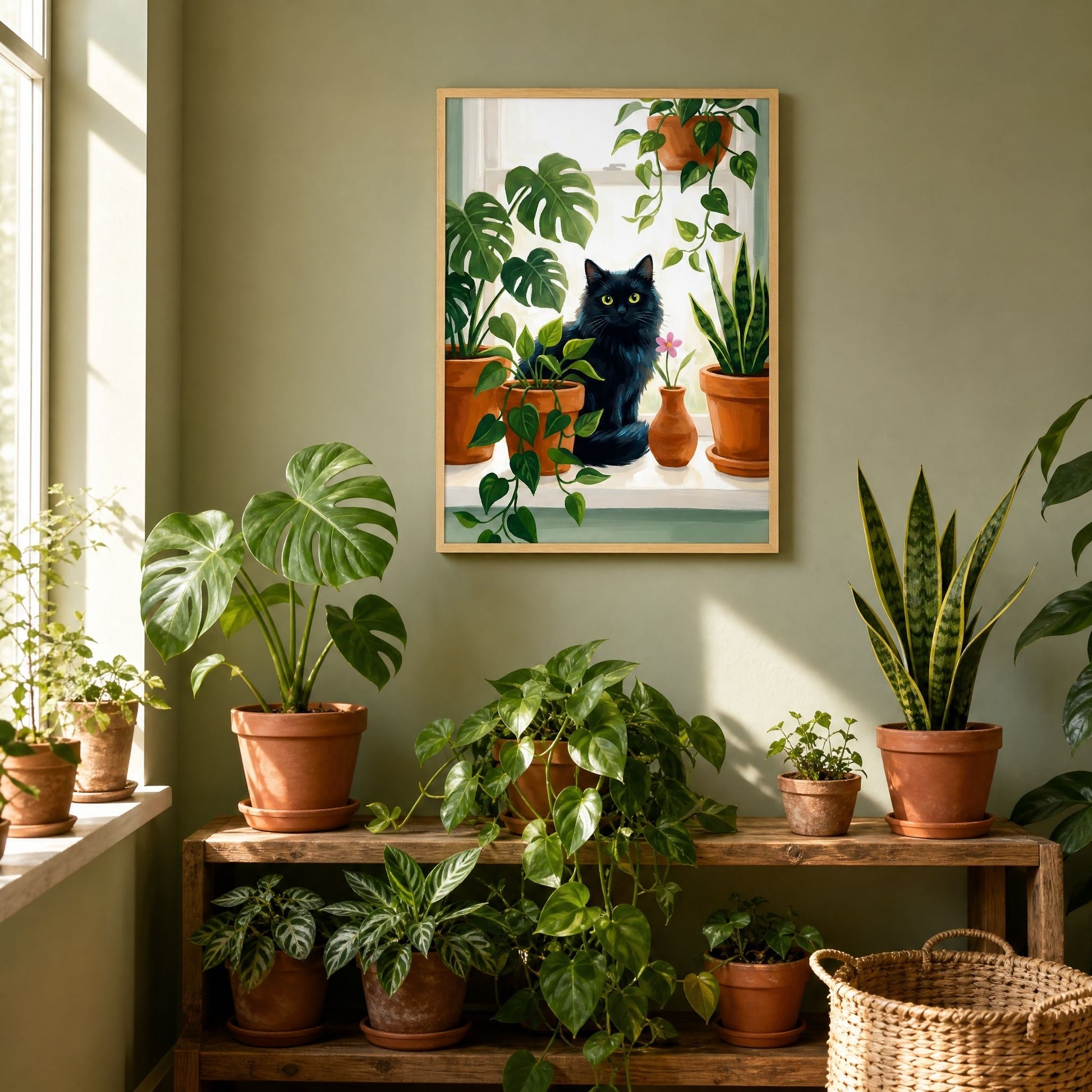Cottagecore plant shelf with the framed cat print above pots of monstera, pothos and snake plant