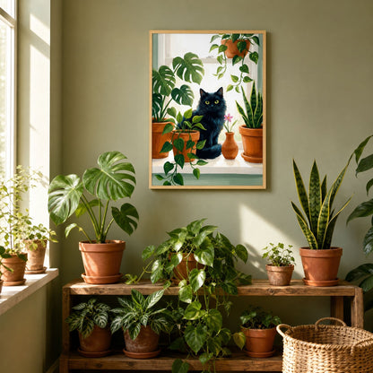 Cottagecore plant shelf with the framed cat print above pots of monstera, pothos and snake plant